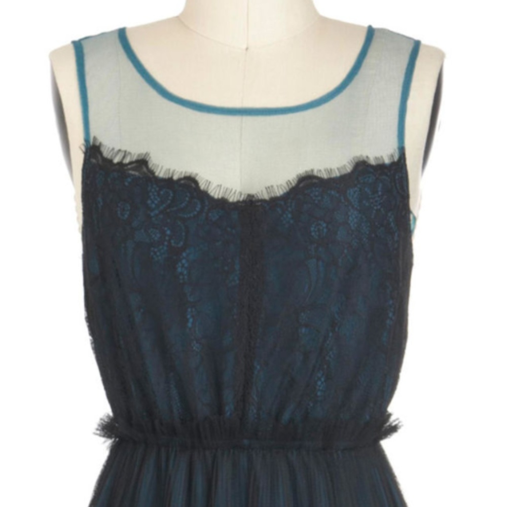 A-Line Teal Dress with Black Lace Overlay